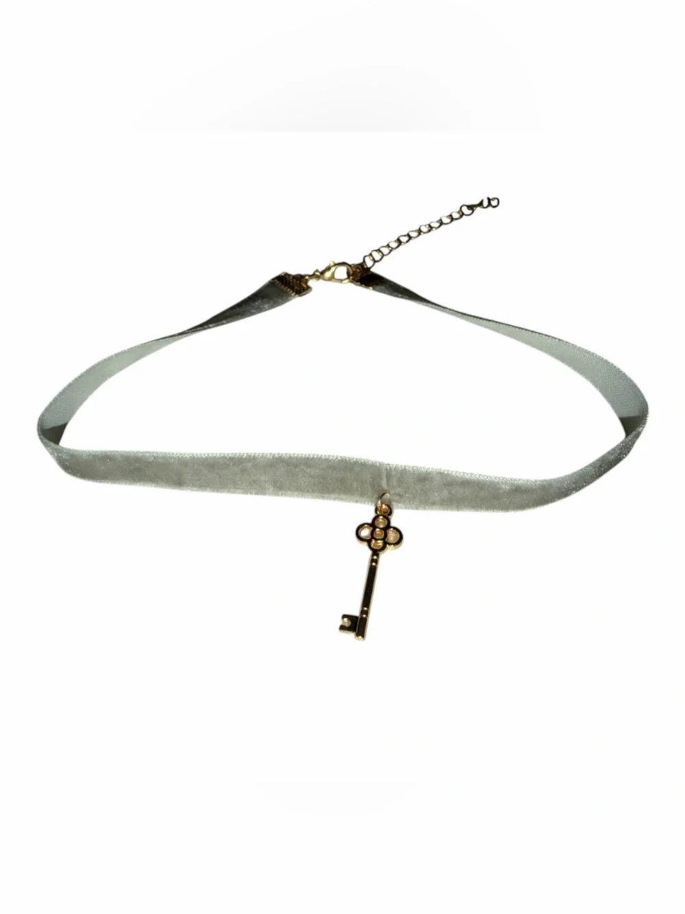 Gold Key Pendant Choker Necklace on Gray Velvet - Picture 2 of 3